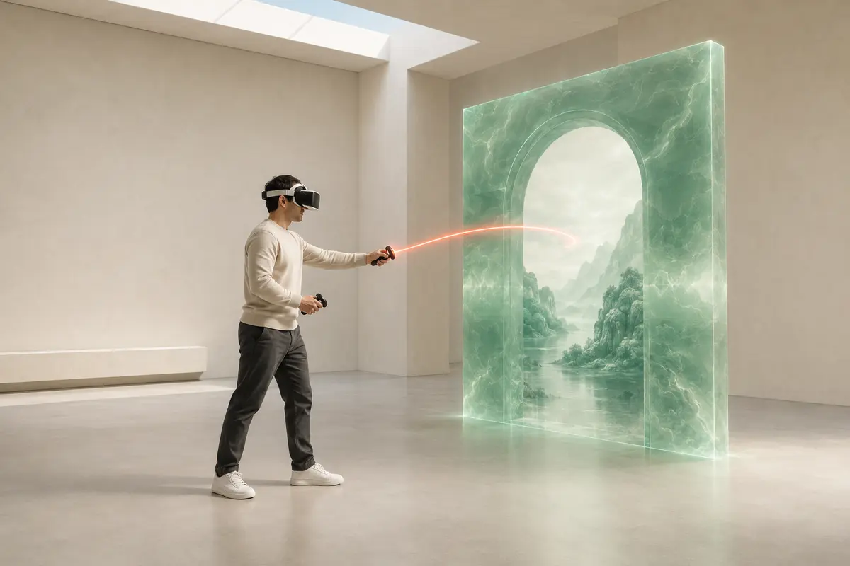 가상 포털과 상호작용하는 VR 체험 장면