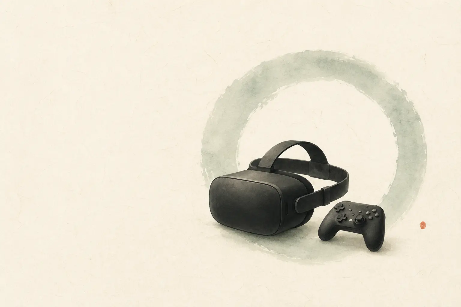 옥빛 수묵 원과 함께 놓인 VR 헤드셋과 게임 컨트롤러